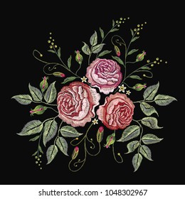 Red Roses Embroidery On Black Background Stock Vector (royalty Free 