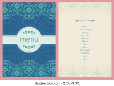 classic style flower decorated menu - bright turquoise color flowers on dark turquoise color background