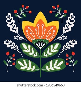 Classic style flowers and leaves elements pattern on dark blue background. Stylish floral card.