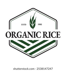 Classic Style Hexagon Organic Farming Logo with Rice and Green Plant Symbols