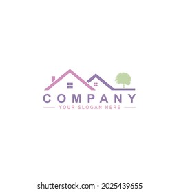 klassisches Hauslogo mit weichen Farben und Bäumen auf der Seite, geeignet für Immobilien 
Logos, Broker, Entwickler oder Mieter von Gebäuden und Wohnungen