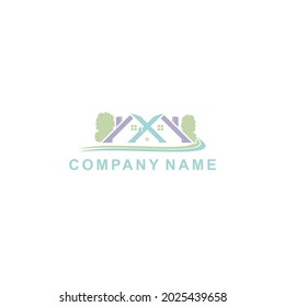 logotipo de una casa de estilo clásico, con colores suaves y árboles a un lado, adecuado para la propiedad inmobiliaria 
logotipos, intermediarios, promotores o inquilinos de edificios y apartamentos