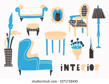 Classic style interior. Hand drawn vector set. All elements are isolated