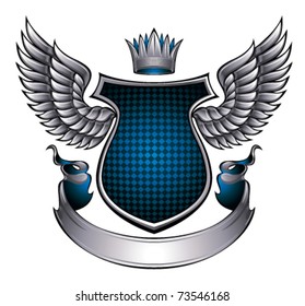 Classic style metallic emblem with wings, shield, ribbon and crown. With space for text and company name. Vector, eps8.