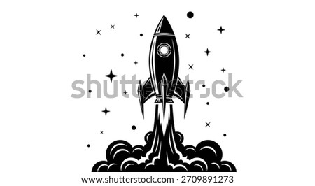 A classic style rocket taking off, surrounded by smoke and stars, symbolizing ambition, progress, and space exploration.