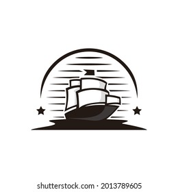 Classic style of sailing ship with black colored symbol logo style line art illustration design vector