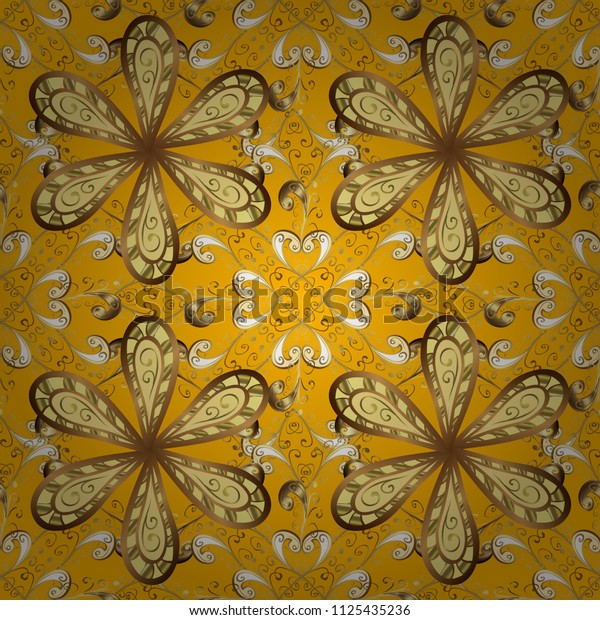 Classic style. Seamless in Baroque style. Patterns\
on yellow, brown and beige colors. Beautiful pattern for textile,\
scrapbooking. Vector design. Graceful, delicate ornamentation in\
the Rococo style.