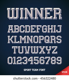 Classic Style Sport Team Slab Serif Font, Metallic Beveled Alphabet And Numbers. Upper Case. Vector Illustration.