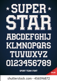 Classic style Sport Team slab serif font, metallic beveled alphabet and numbers. Upper case. Vector illustration.