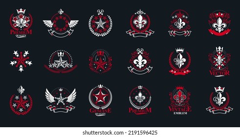 Classic style stars emblems big set, ancient heraldic symbols awards and labels collection, classical heraldry design elements, family or business emblems.