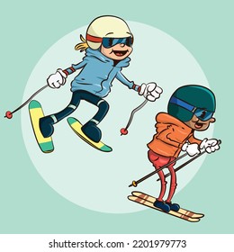 classic style vector illustration of a  boy doing skiing