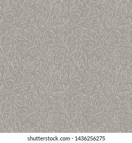 Classic style vector seamless pattern. Hand drawn white contours of abstract flowers and leaves on gray background. Ornate template for design, textile, wallpaper, clothing, ceramics.