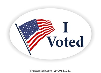 Classic style voting sticker with I voted slogan and us american flag. Circle vote sticker or label. US, USA, american election, voting sign. I voted quote. Responsible voting pin. Vector illustration