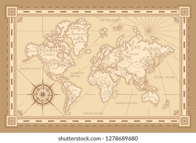 Classic style of world map with compass and ornamental frame in brown monochrome. Old world map vector in vintage style. 