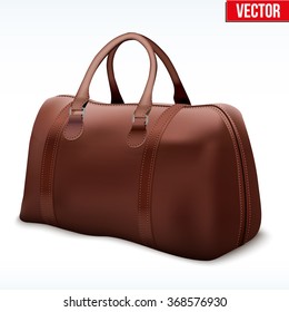Classic Stylish Leather Brown Handle Bag. Side view of Fashion accessory. Vector illustration Isolated on white background. 