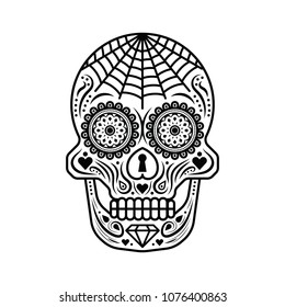 A classic sugar skull illustration featuring spider webs, hearts, and diamonds in vector format.