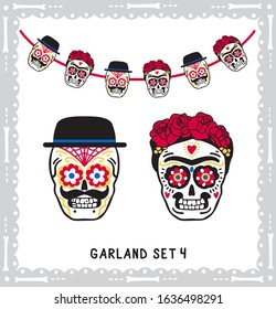 Classic sugar skulls of boy and a girl set for Dia de los Muertos party bunting. Vector set isolated on white.