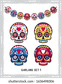 Classic sugar skulls collection for Dia de los Muertos party bunting. Vector set of cartoon bright skulls isolated on white.