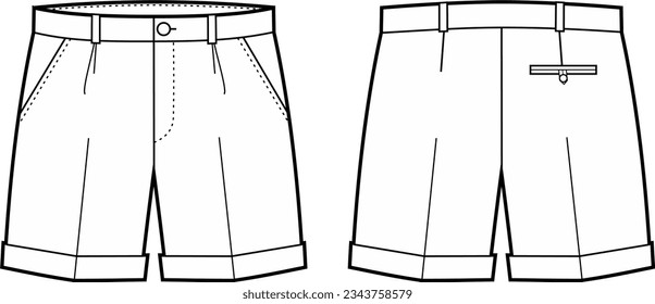 Classic suit shorts. Casual wear apparel design. Front and back. CAD mockup. Fashion technical drawing template. Vector illustration.