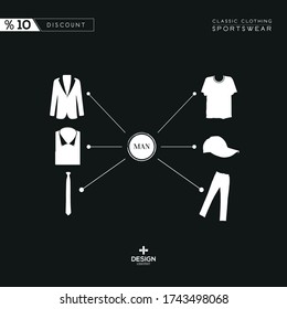 Classic suits and sportswear products on black and white background.Jacket, pants, shirt, hat, tie, t shirt, tuxedo. 10% poster design for blog, magazine and promotion.