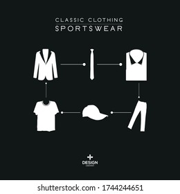 Classic suits and sportswear products on black and white background.Jacket, pants, shirt, hat, tie, t shirt, tuxedo. Poster design for blog, magazine and promotion.