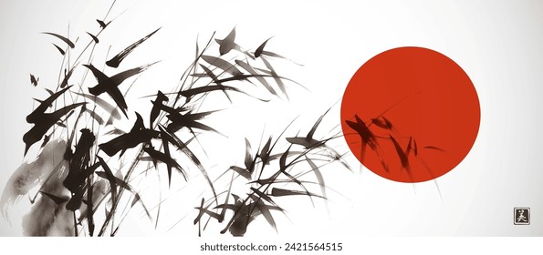 Classic sumi-e ink painting of bamboo and big red sun on white background. Traditional oriental ink painting sumi-e, u-sin, go-hua. Hierolyph - beauty.