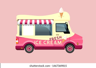 Classic summer ice cream van in cream and pink colours. Side view vector illustration.