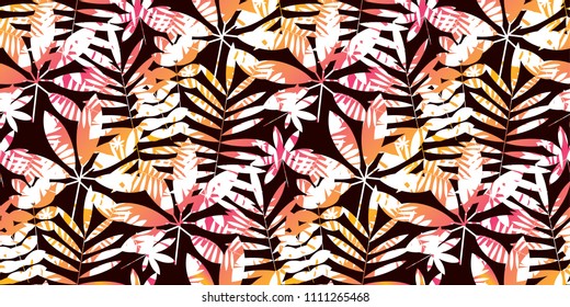 Classic sunset color tropical summer seamless pattern. Jungle leaves abstract repeatable motif for surface design. Modern foliage seamless pattern for background, wrapping paper, fabric.
