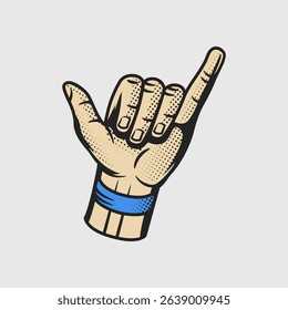 Classic surf hand gesture. Shaka hand icon in retro surf style with bold lines and halftone shading. Symbol of aloha spirit, perfect for beachwear or stickers. Vector illustration.