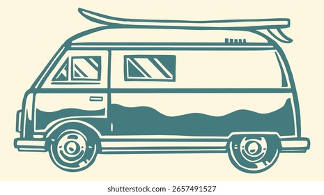 Una clásica furgoneta de surf con una tabla en la parte superior se estaciona cerca de la playa durante la puesta del sol. Los colores cálidos resaltan el ambiente costero que invita a los recuerdos de aventuras de verano y las olas del océano.