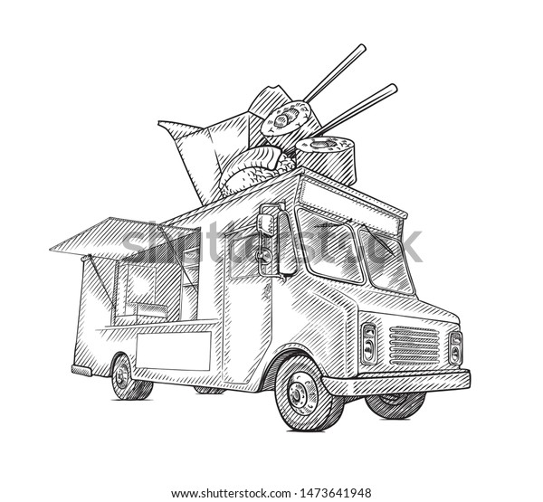Classic Sushi\
food truck. Oriental Chinese asian food truck isolated black and\
white line art vector\
illustration.