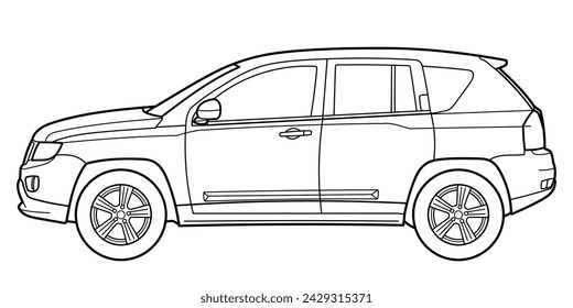 Classic suv car. Crossover car front view shot. Outline doodle vector illustration. Design for print, coloring book