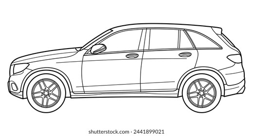 Classic suv car. Crossover car front view shot. Outline doodle vector illustration. Design for print, coloring book