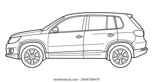 Classic suv car. Crossover car front view shot. Outline doodle vector illustration. Design for print, coloring book	