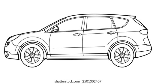 Classic suv car. Crossover car front view shot. Outline doodle vector illustration. Design for print, coloring book