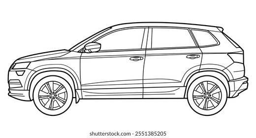 Classic suv car. Crossover car front view shot. Outline doodle vector illustration. Design for print, coloring book	