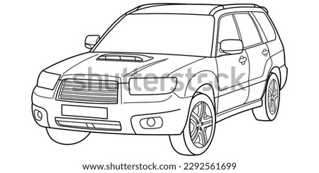 Classic suv car. Crossover car front and side view shot. Outline doodle vector illustration. Design for print, coloring book