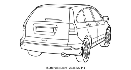 Classic suv car. Crossover car rear and side view shot. Outline doodle vector illustration. Design for print, coloring book