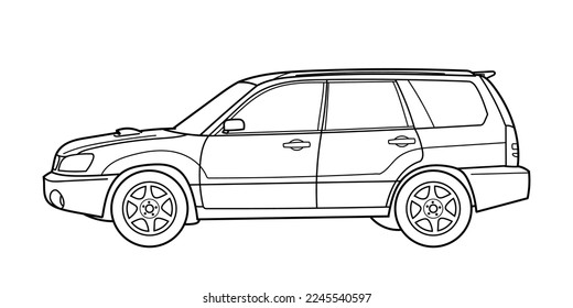 Un suv car clásico. Captura de la vista lateral del coche de Crossover. Ilustración vectorial del doodle de esquema. Diseño para la impresión, libro de colorear