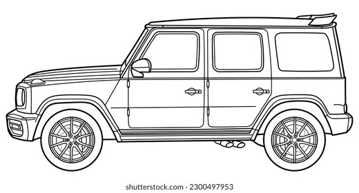 Classic suv car. Crossover car side view shot. Outline doodle vector illustration. Design for print, coloring book