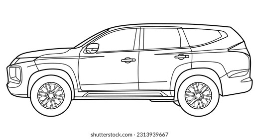 Classic suv car. Crossover car side view shot. Outline doodle vector illustration. Design for print, coloring book