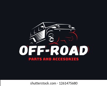 Classic suv off-road car logo. Offroad truck on rock.