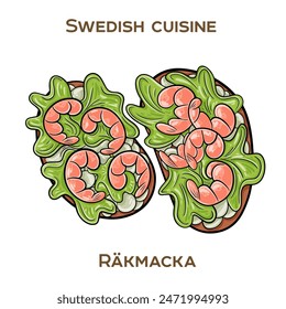 Råkmacka. A classic Swedish open-faced sandwich featuring a generous portion of succulent shrimp or prawns served on a slice of buttered bread. Hand-drawn vector illustration