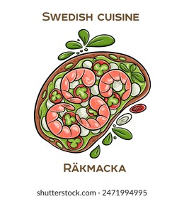 Råkmacka. A classic Swedish open-faced sandwich featuring a generous portion of succulent shrimp or prawns served on a slice of buttered bread. Hand-drawn vector illustration