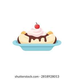 Classic Sweet Banana Split Dessert Illustration with Chocolate Sauce Whipped Cream and Red Cherry