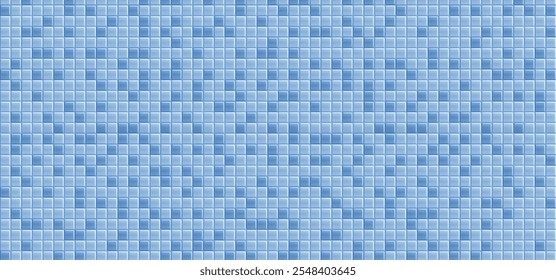 Classic swimming pool mosaic pattern with small azure squares. Uniform tile arrangement with varying shades of blue color. Realistic 3d traditional grid layout of bathroom or kitchen wall surface.