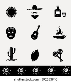 Classic symbols of Mexico. Collection of vector traditional icons on bright background.