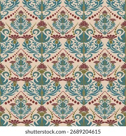 A classic, symmetrical repeating pattern featuring elaborate, stylized floral motifs and scrolled foliage. It conveys an elegant, luxurious, and timeless aesthetic, often associated with Victorian or 