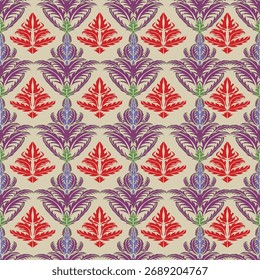 A classic, symmetrical repeating pattern featuring elaborate, stylized floral motifs and scrolled foliage. It conveys an elegant, luxurious, and timeless aesthetic, often associated with Victorian or 