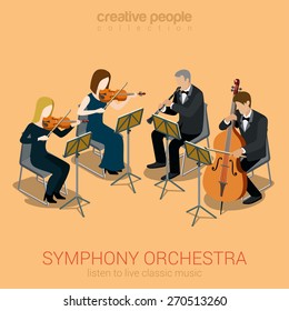 Classic Symphony Orchestra String Quartet Flat 3d Web Isometric Infographic Concept Vector. Group Of Creative Young People Playing On Instruments Scene Theater Opera Concert. Cello Violin Clarinet.